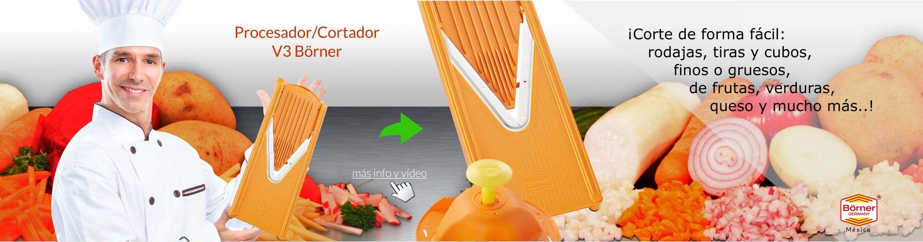 ¡Procesador/Cortador V3 Börner: Corte o rebane de forma fácil en rodajas, tiras o cubos, finos o gruesos de frutas, verduras, queso y mucho más!
